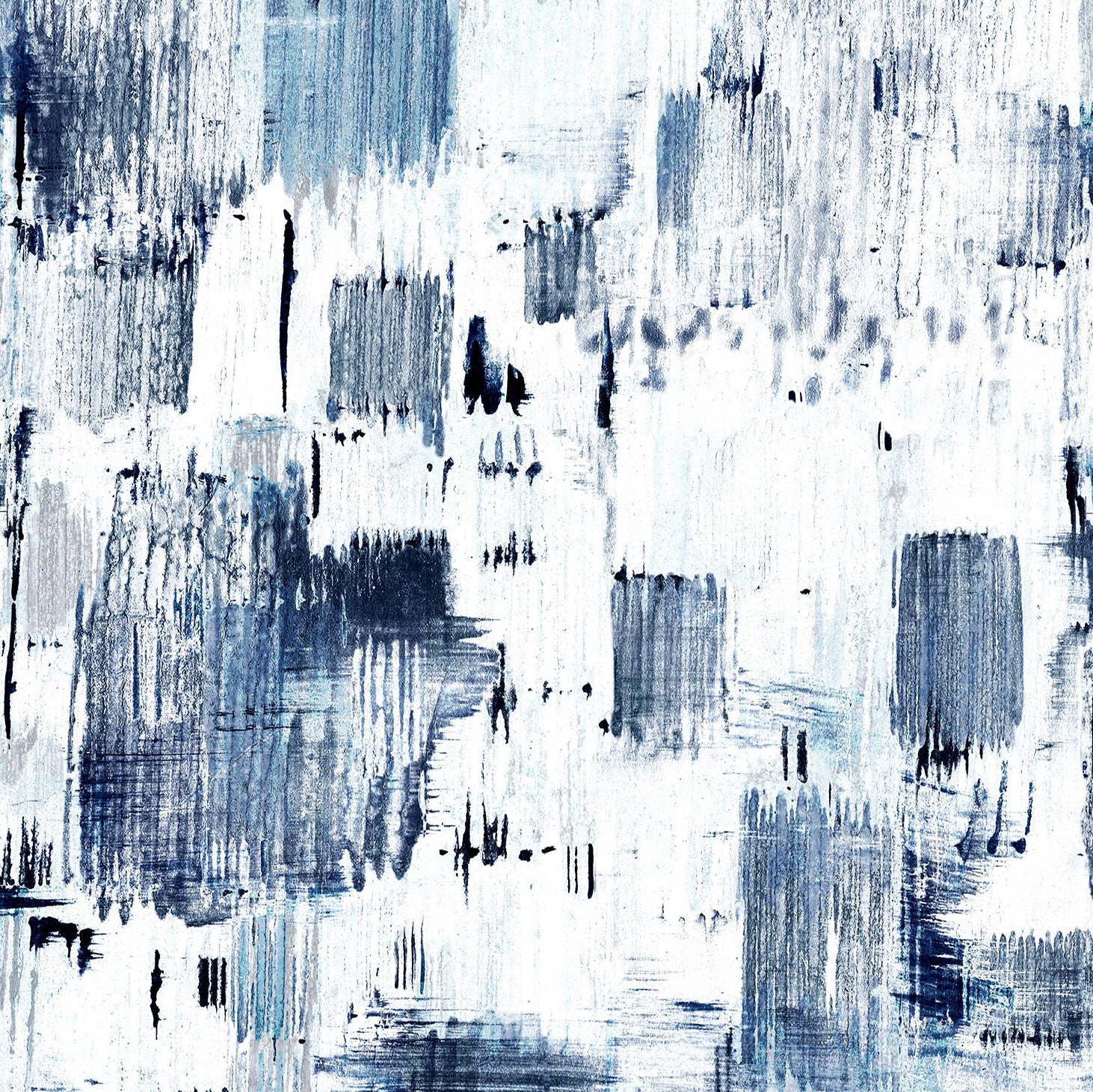 Detail of wallpaper in an abstract textural print in shades of navy and blue on a white field.