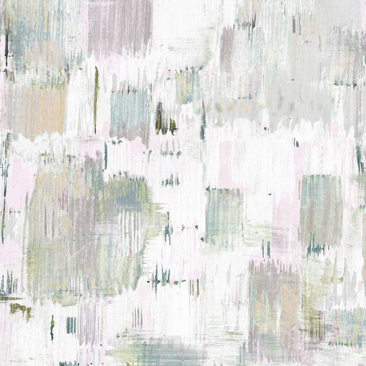 Detail of wallpaper in an abstract textural print in shades of green and pink on a white field.