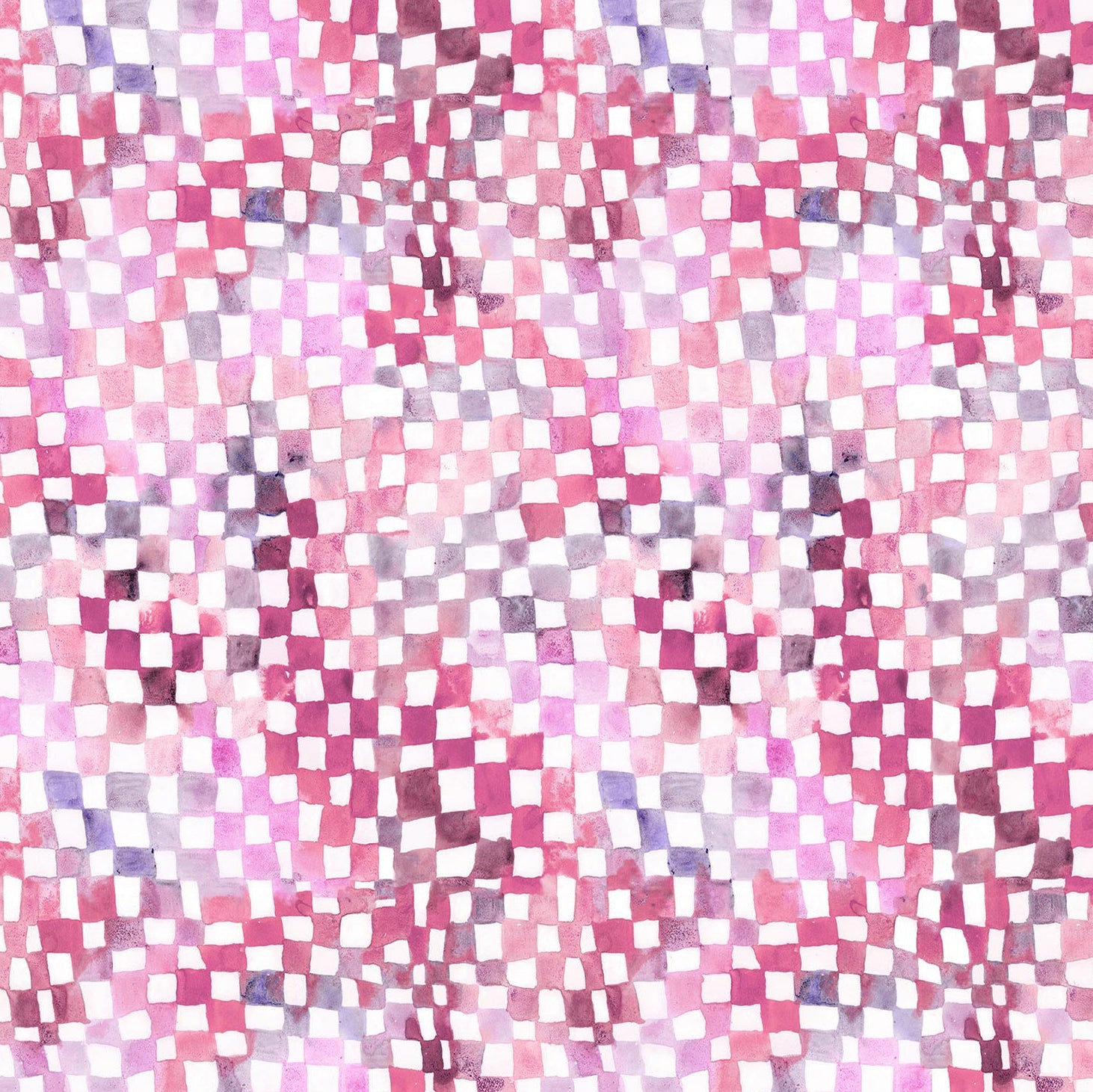Detail of wallpaper in a painterly chess board print in shade of pink and purple on a white field.