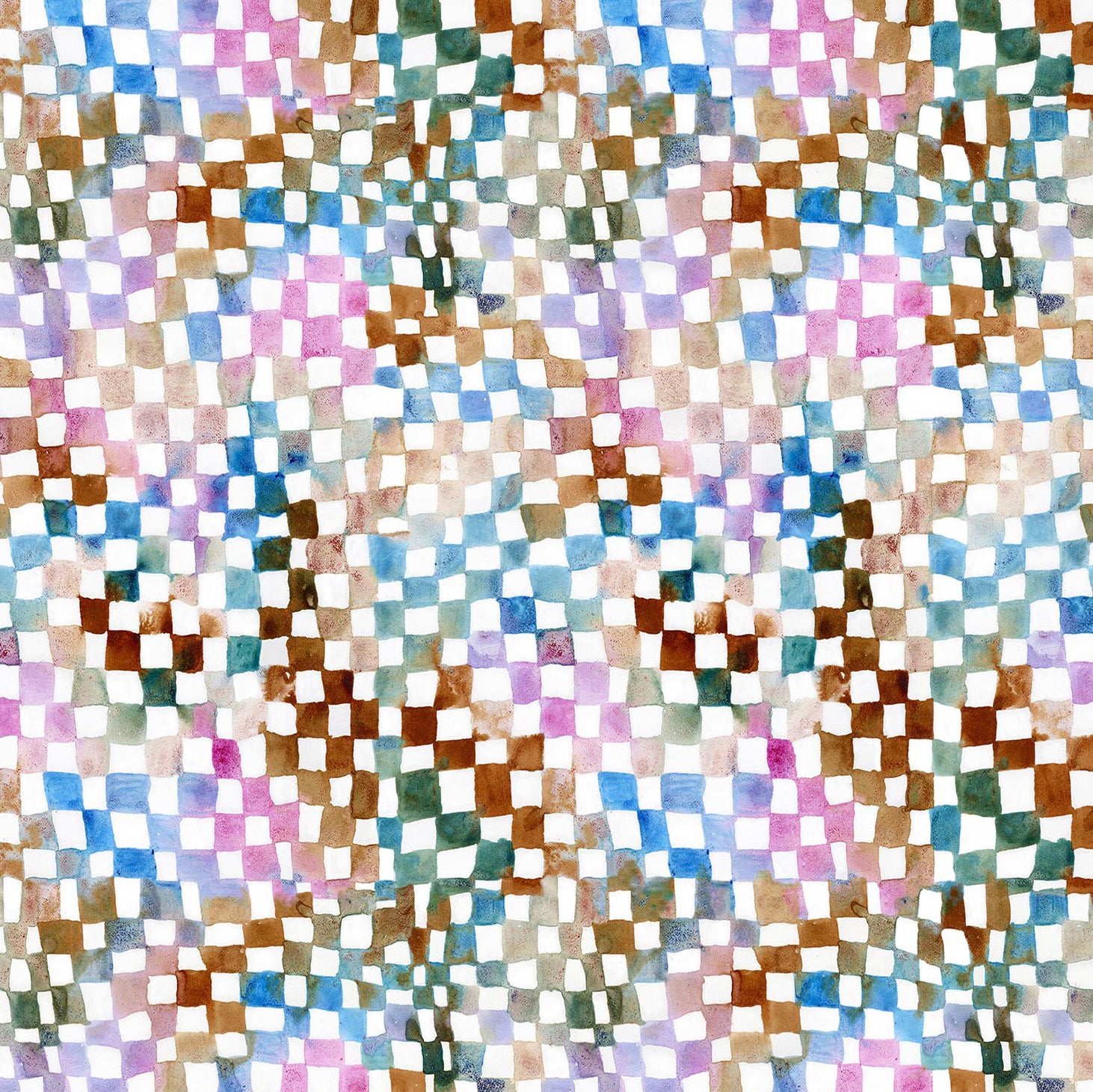 Detail of wallpaper in a painterly chess board print in a rainbow of shades on a white field.