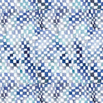 Detail of wallpaper in a painterly chess board print in shades of blue and navy on a white field.