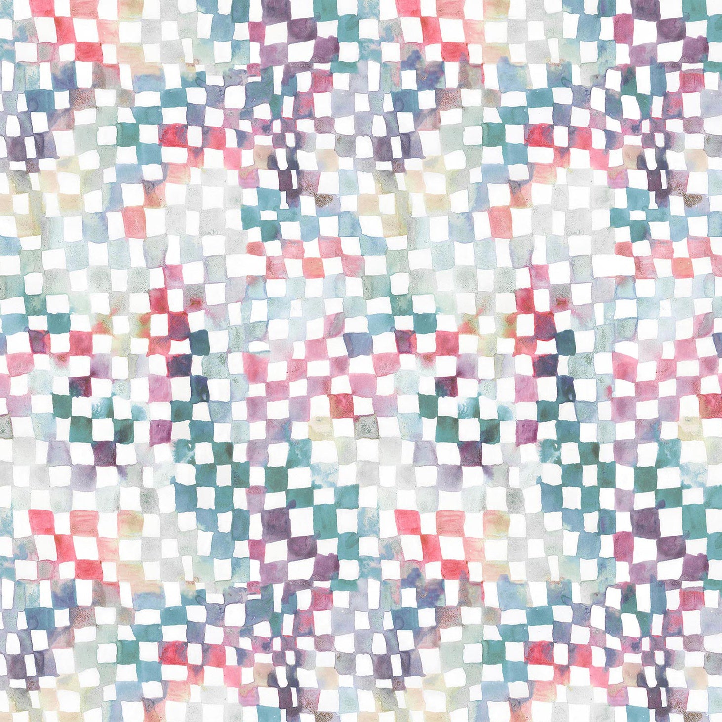 Detail of wallpaper in a painterly chess board print in a rainbow of pastel shades on a white field.