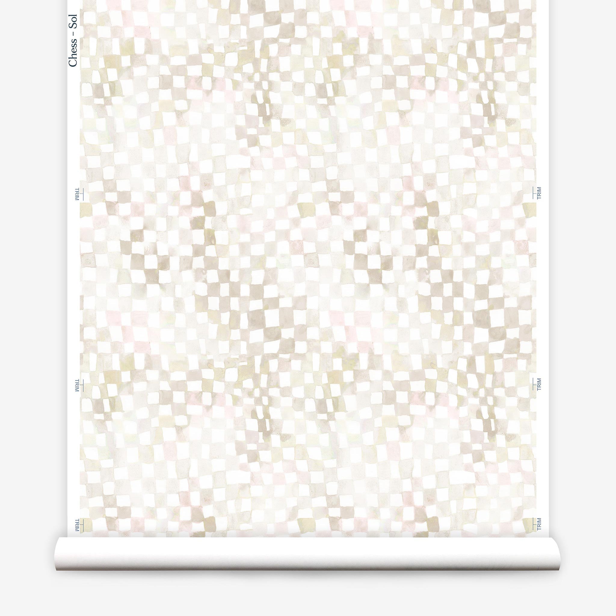 Partially unrolled wallpaper yardage in a painterly chess board print in shades of cream on a white field.