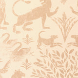 Detail of wallpaper in a lion and plant print in light pink on a white field.