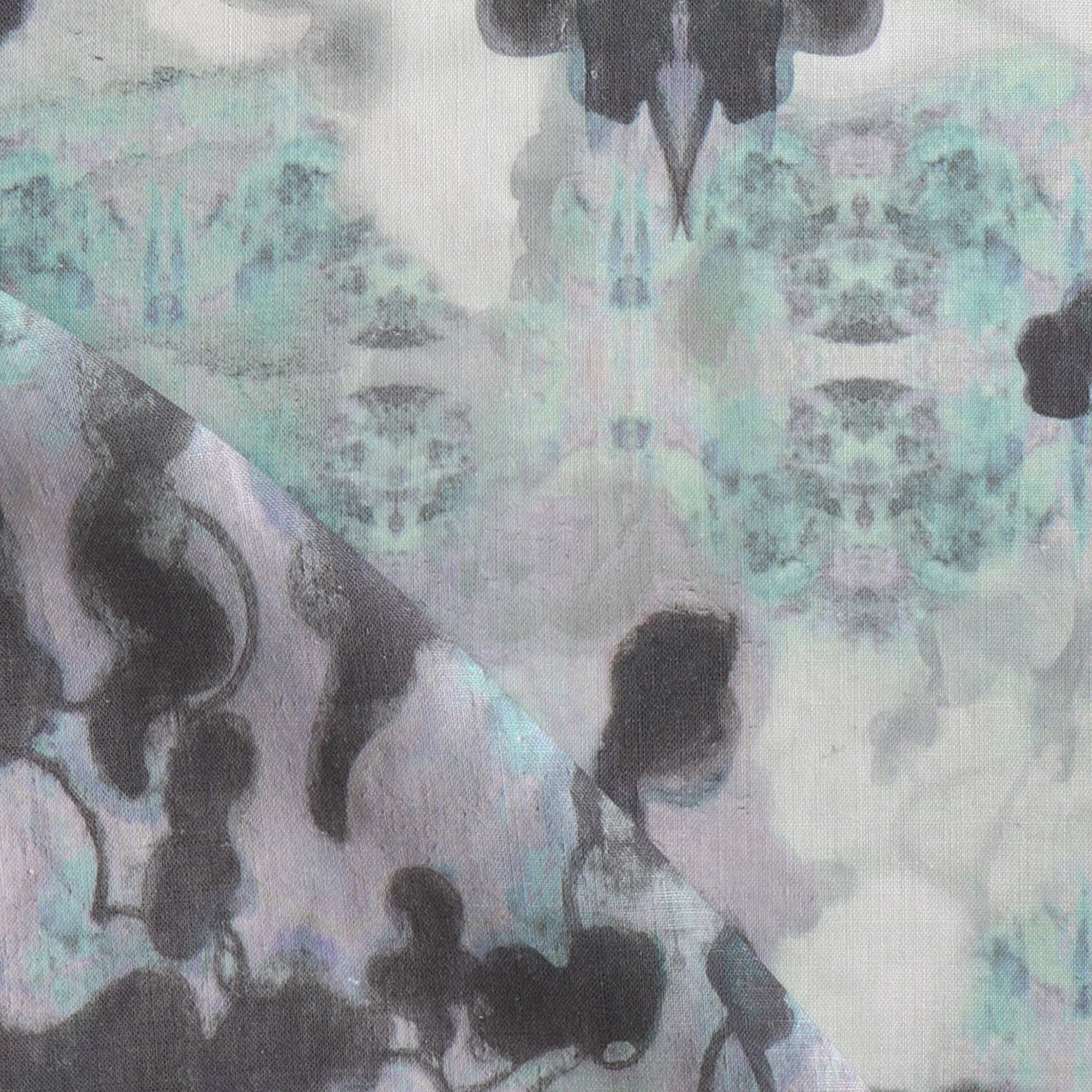 Detail of fabric in an abstract botanical print in shades of purple, turquoise and gray on a white field.