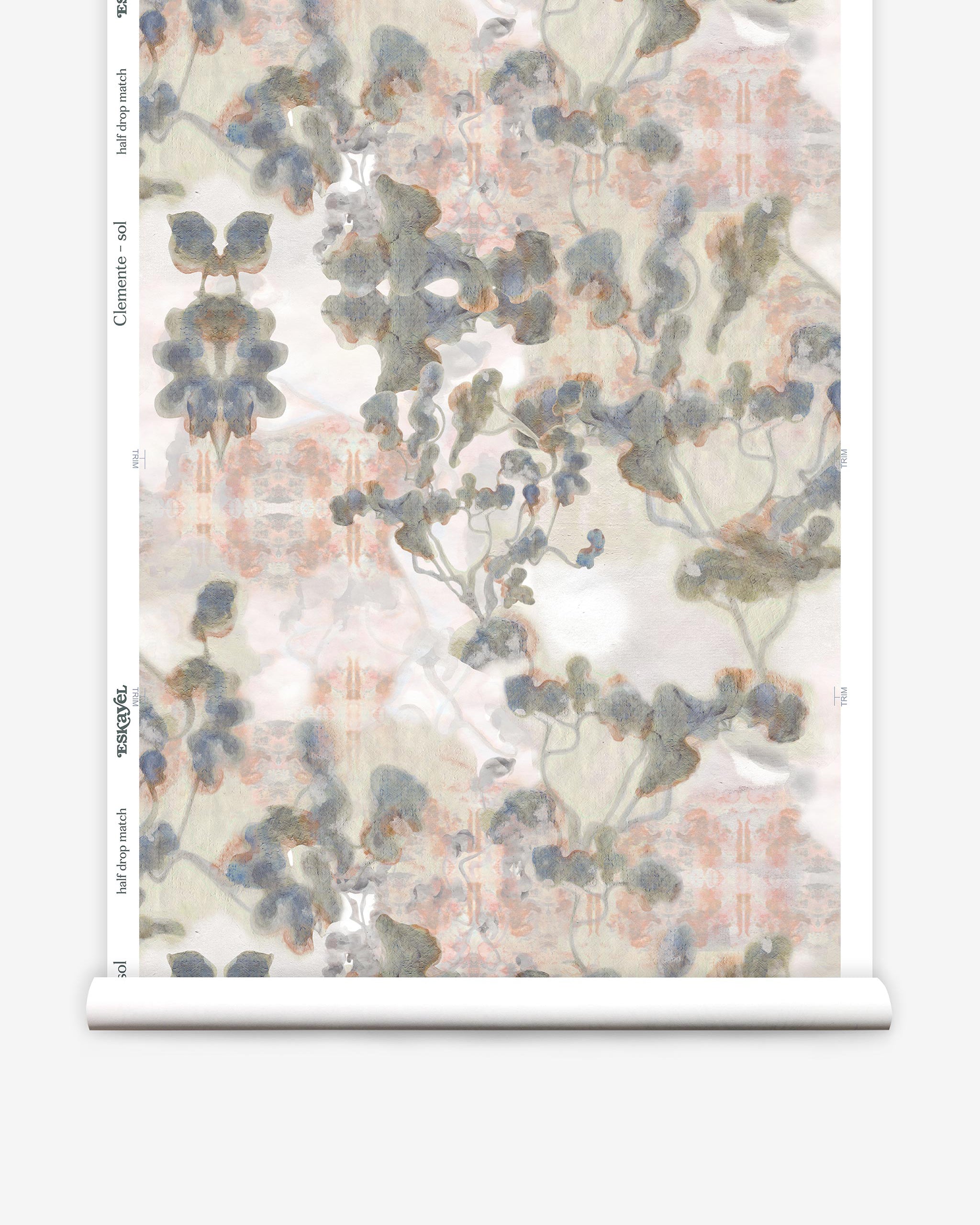 Partially unrolled wallpaper yardage in an abstract botanical print in gray, peach, tan and white.