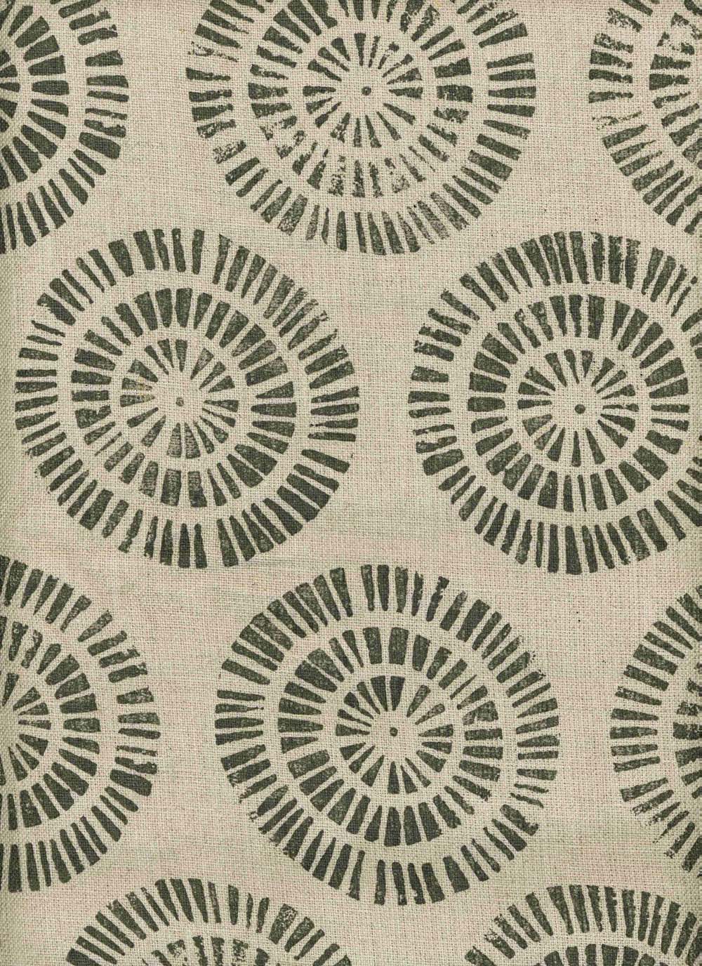 Detail of fabric in a geometric wheel print in gray on a tan field.