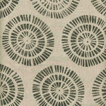 Detail of fabric in a geometric wheel print in gray on a tan field.