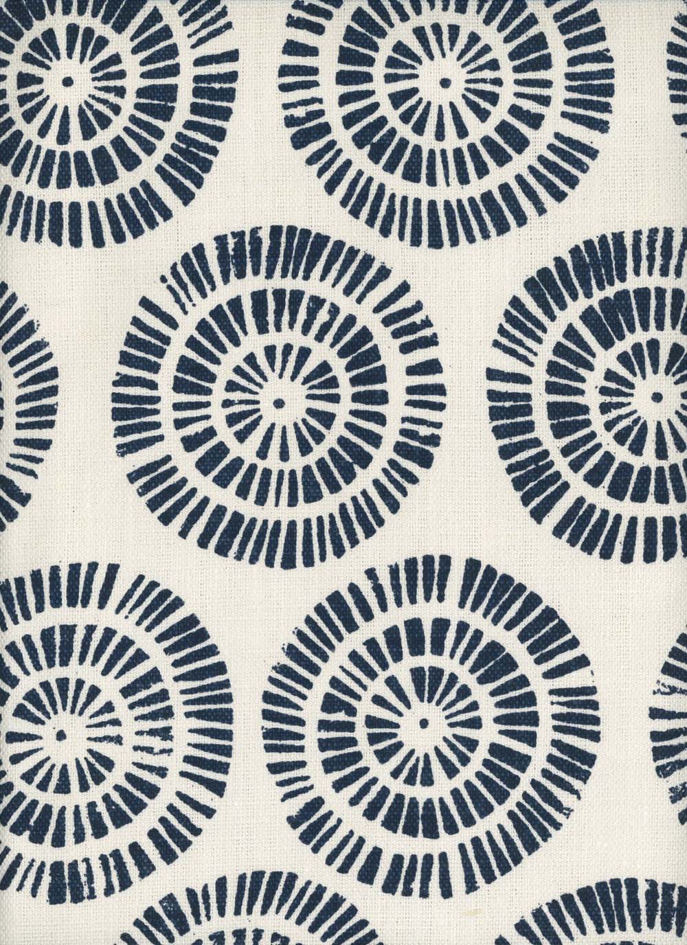 Detail of fabric in a geometric wheel print in navy on a white field.