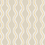 Detail of fabric in a playful curvy stripe print in white and yellow on a beige field.