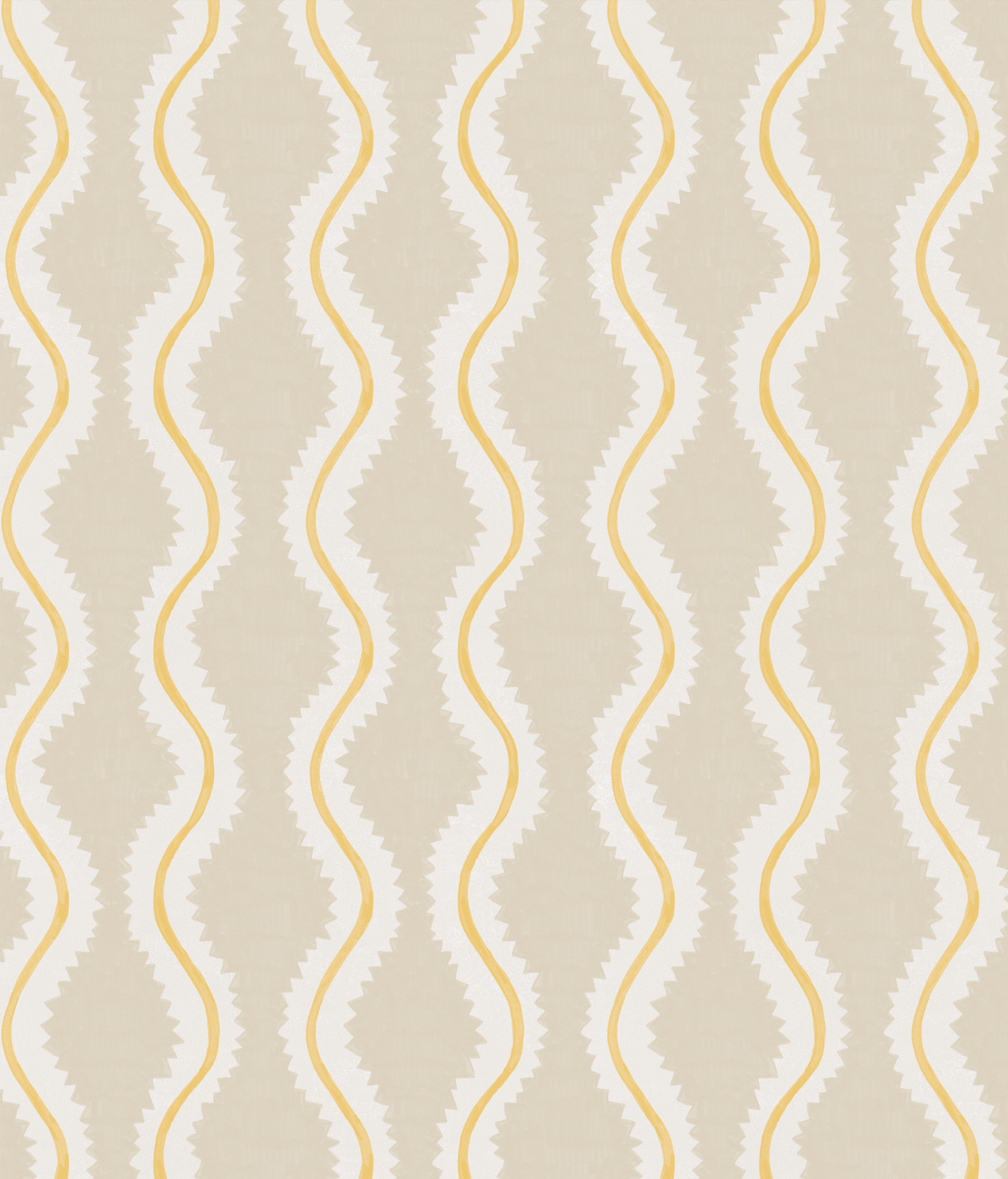 Detail of fabric in a playful curvy stripe print in white and yellow on a beige field.