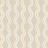 Detail of wallpaper in a playful curvy stripe print in white and yellow on a beige field.