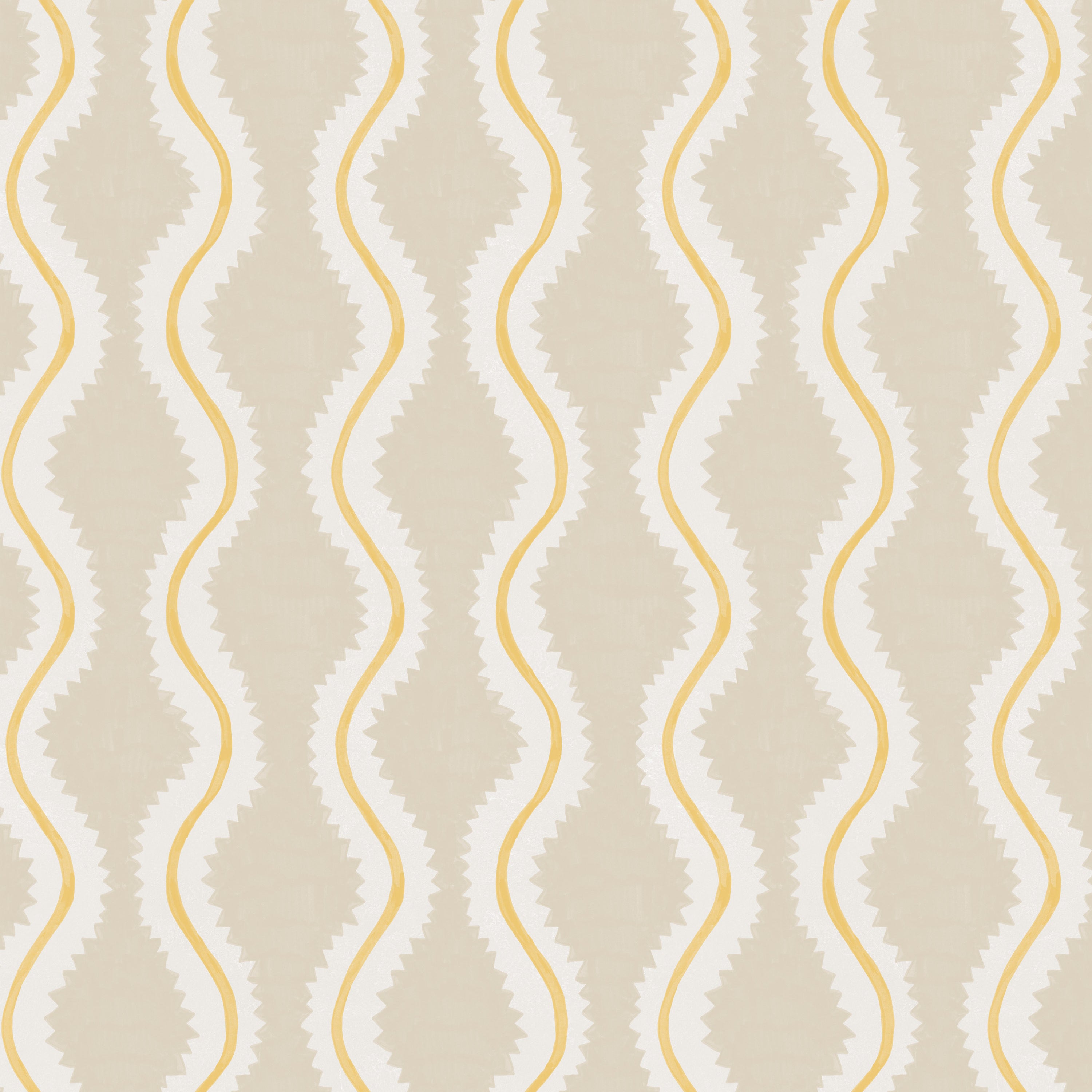 Detail of wallpaper in a playful curvy stripe print in white and yellow on a beige field.