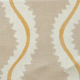 Close-up of fabric in a playful curvy stripe print in white and yellow on a beige field.