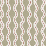 Detail of wallpaper in a playful curvy stripe print in white and brown on an olive field.