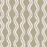 Detail of wallpaper in a playful curvy stripe print in white and brown on an olive field.