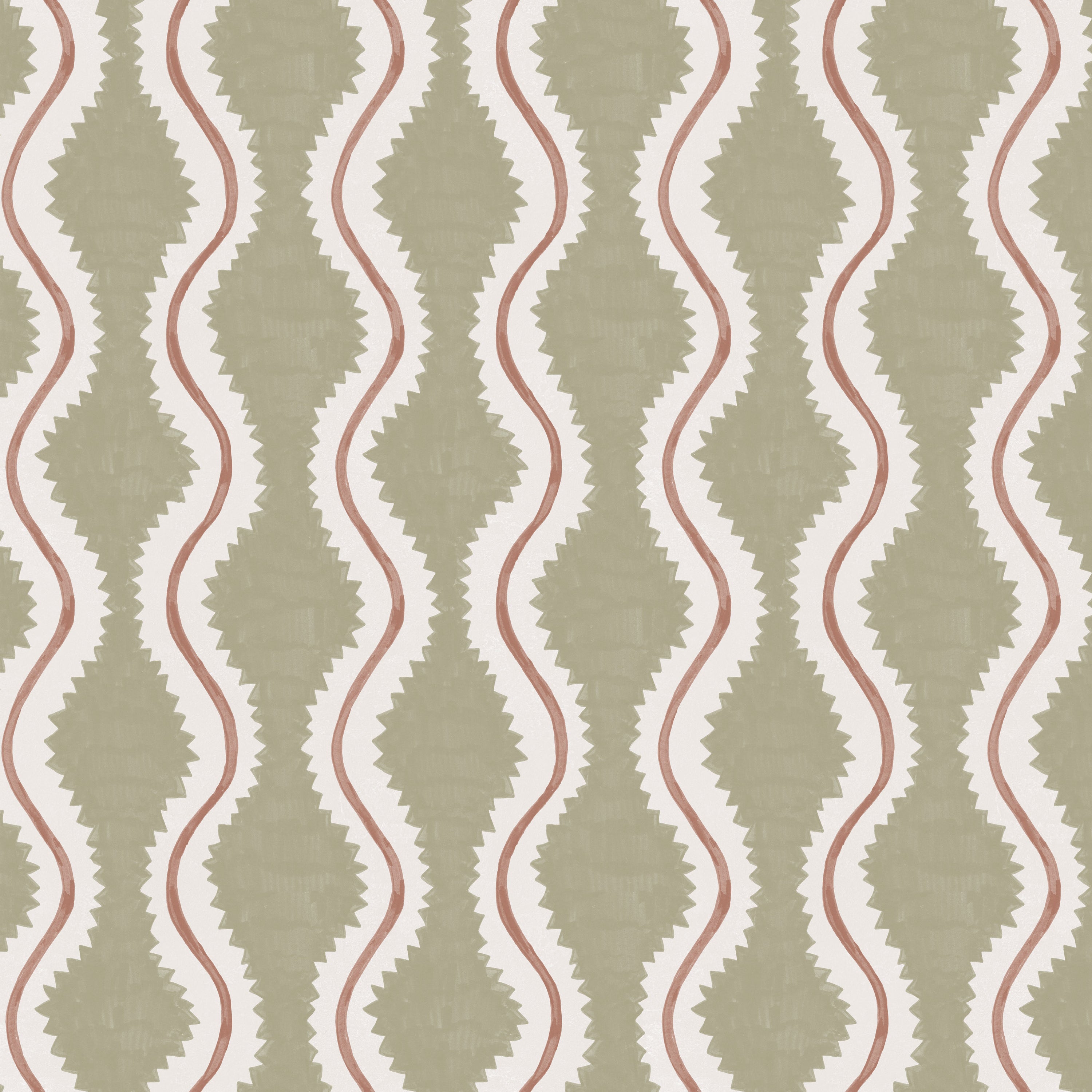 Detail of wallpaper in a playful curvy stripe print in white and brown on an olive field.