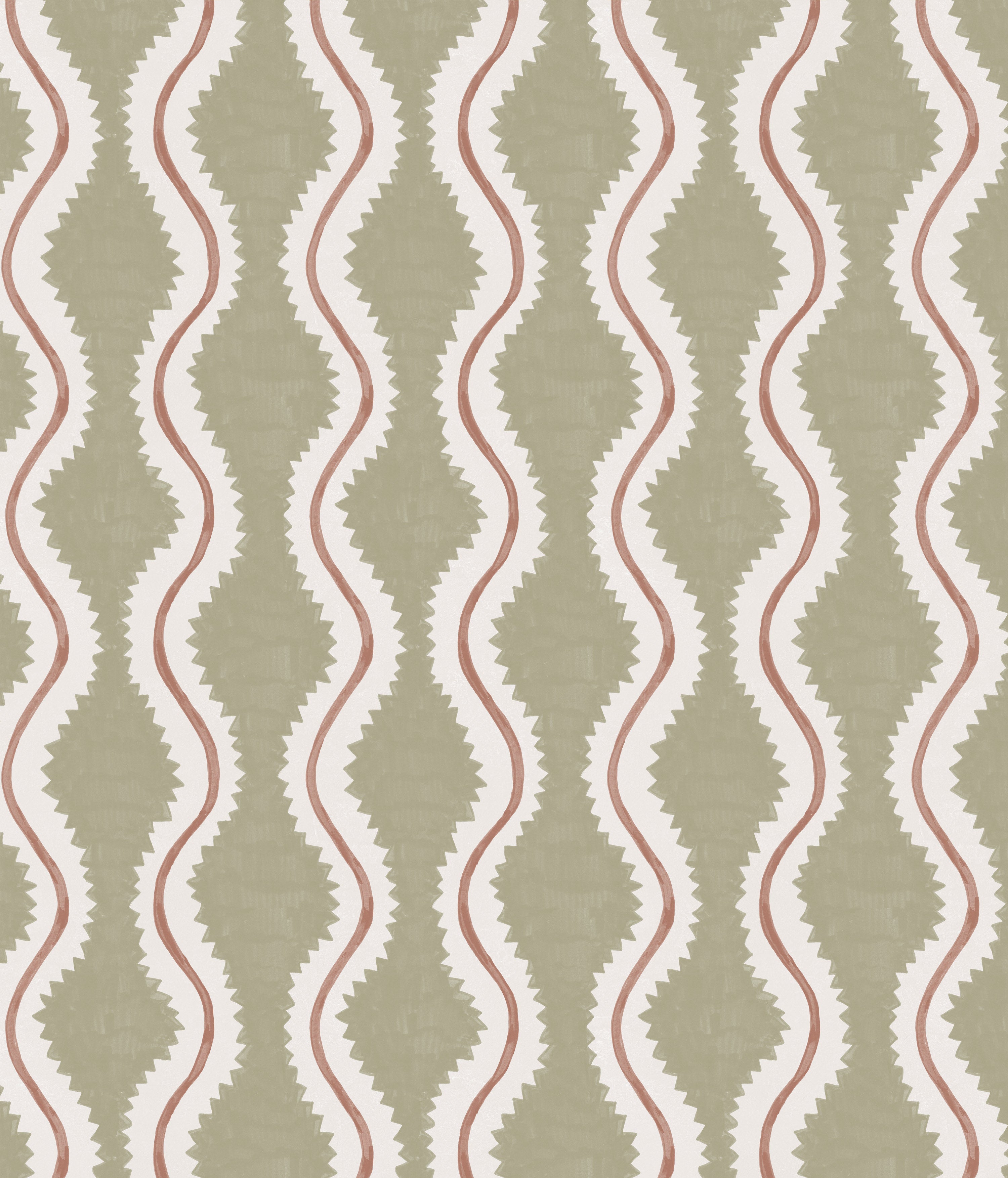 Detail of wallpaper in a playful curvy stripe print in white and brown on an olive field.