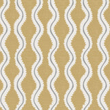 Detail of fabric in a playful curvy stripe print in white and gray on a mustard field.