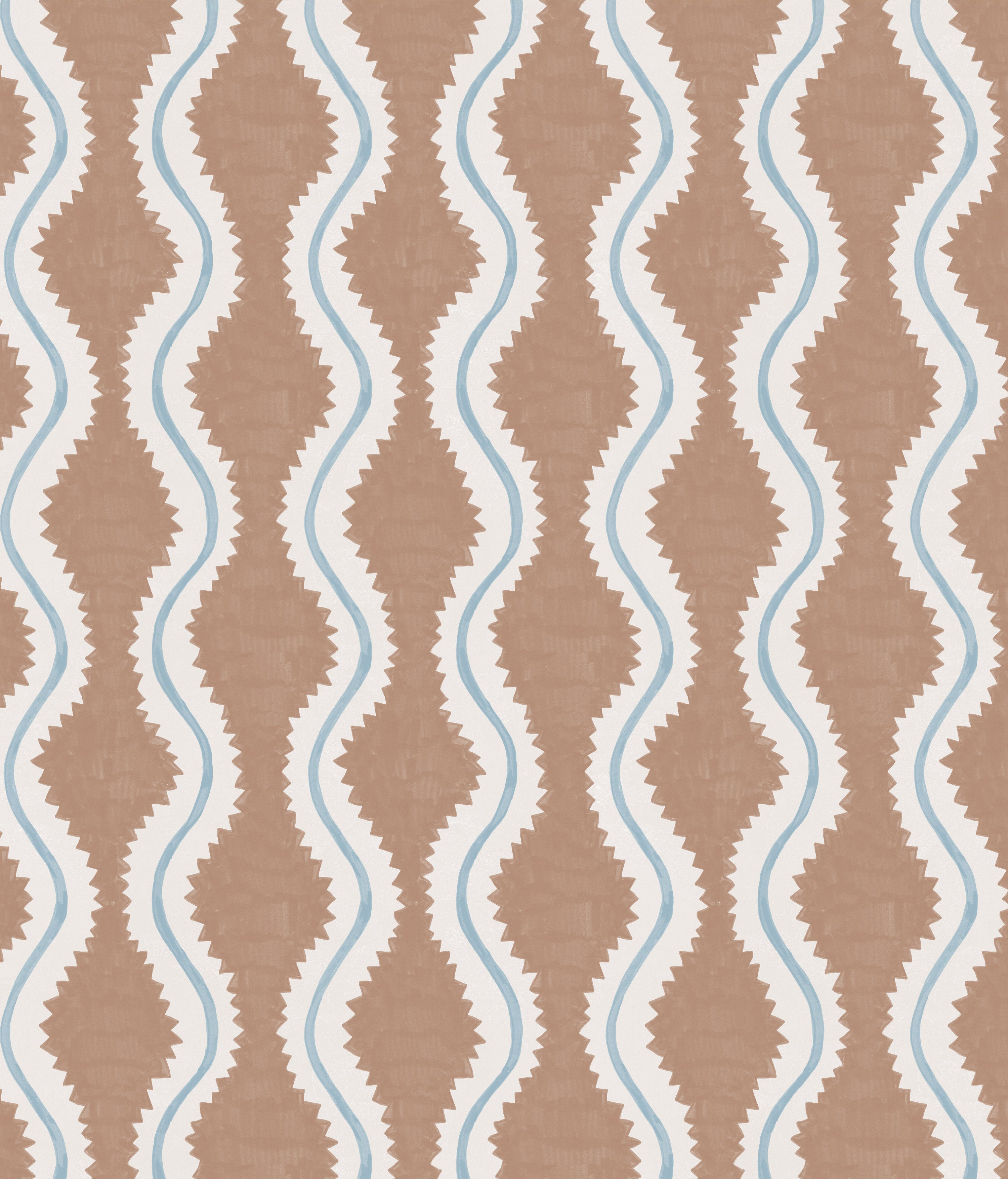 Detail of fabric in a playful curvy stripe print in white and blue on a brown field.