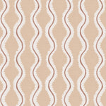 Detail of fabric in a playful curvy stripe print in white and brown on a light pink field.