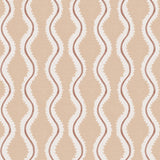 Detail of fabric in a playful curvy stripe print in white and brown on a light pink field.