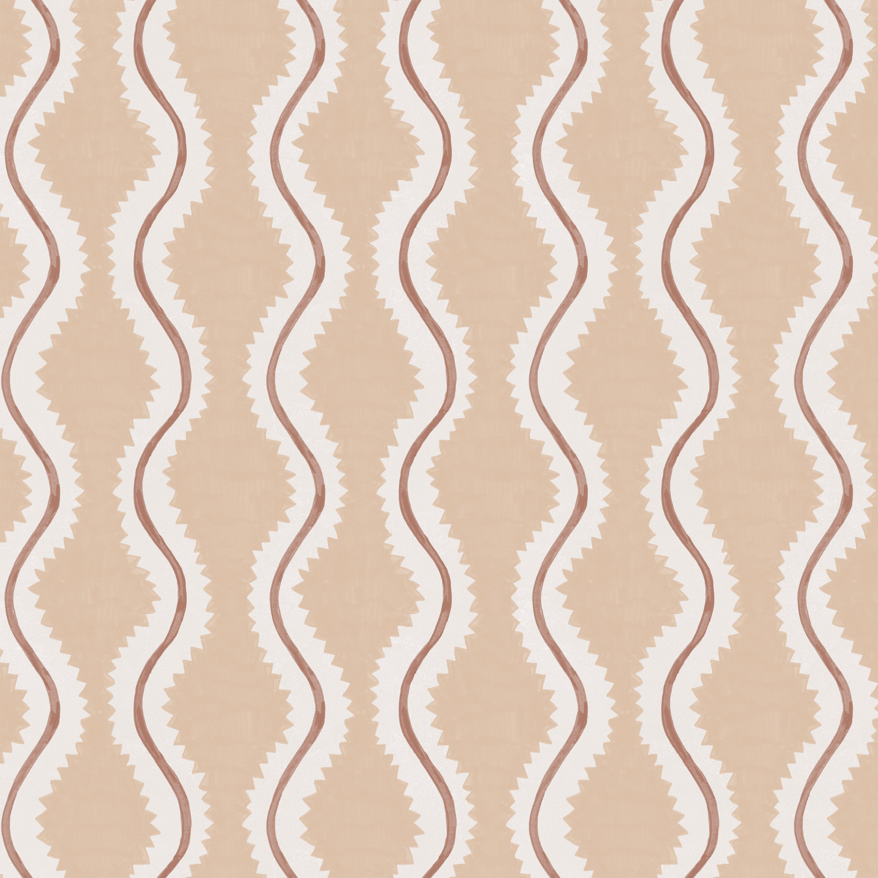 Detail of wallpaper in a playful curvy stripe print in white and brown on a light pink field.