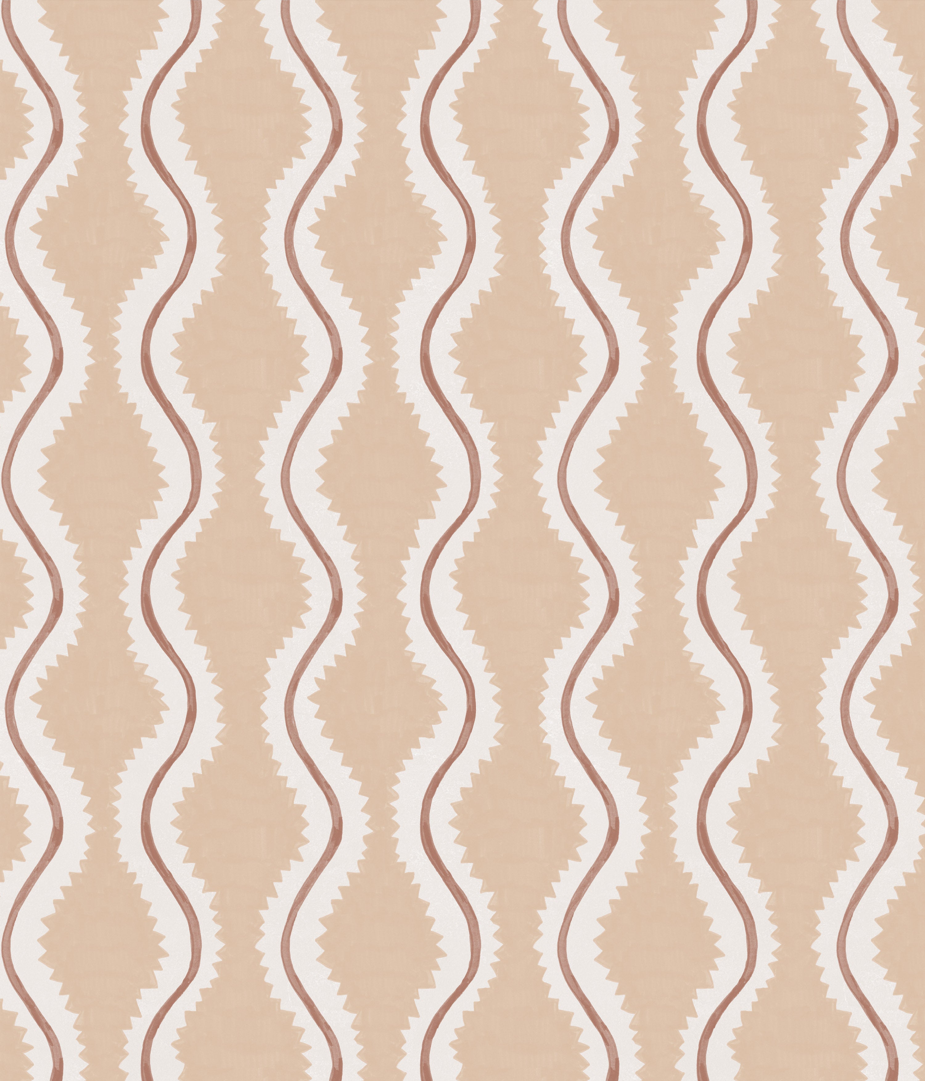 Detail of wallpaper in a playful curvy stripe print in white and brown on a light pink field.