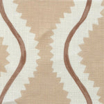 Close-up of fabric in a playful curvy stripe print in white and brown on a light pink field.