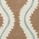 Close-up of fabric in a playful curvy stripe print in white and blue on a brown field.