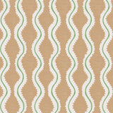 Detail of wallpaper in a playful curvy stripe print in white and green on a burnt orange field.