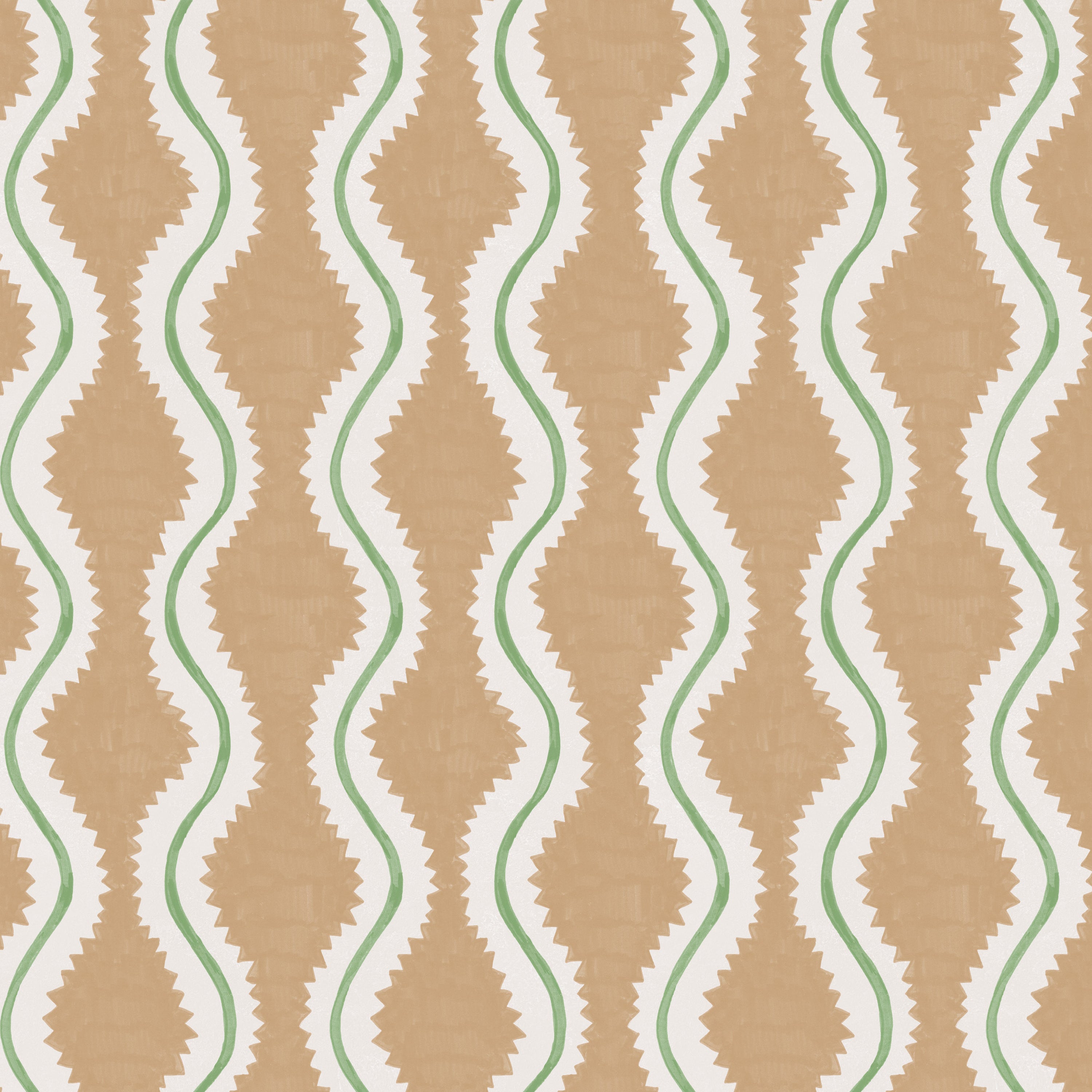 Detail of wallpaper in a playful curvy stripe print in white and green on a burnt orange field.