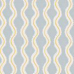 Detail of wallpaper in a playful curvy stripe print in white and yellow on a light blue field.