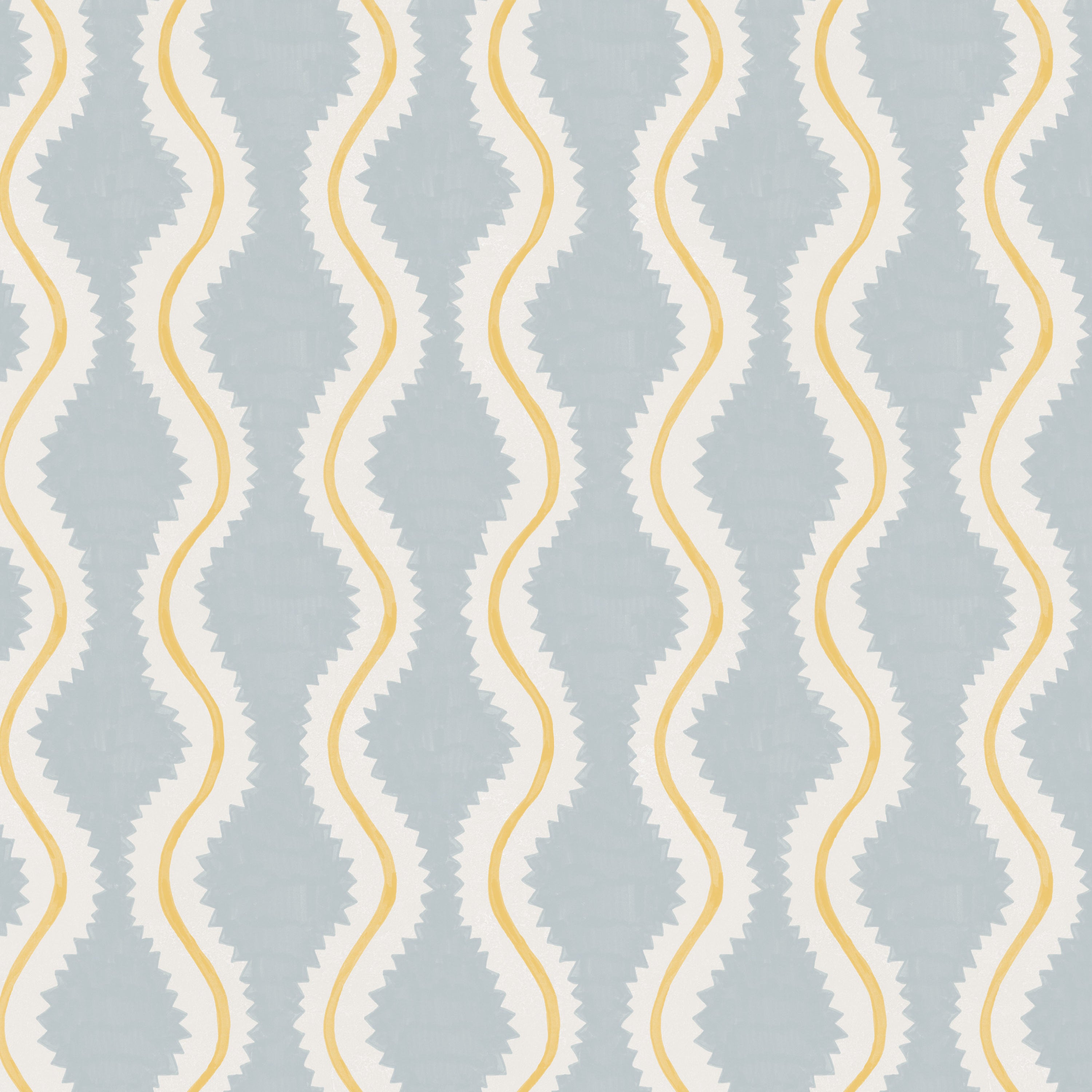 Detail of wallpaper in a playful curvy stripe print in white and yellow on a light blue field.