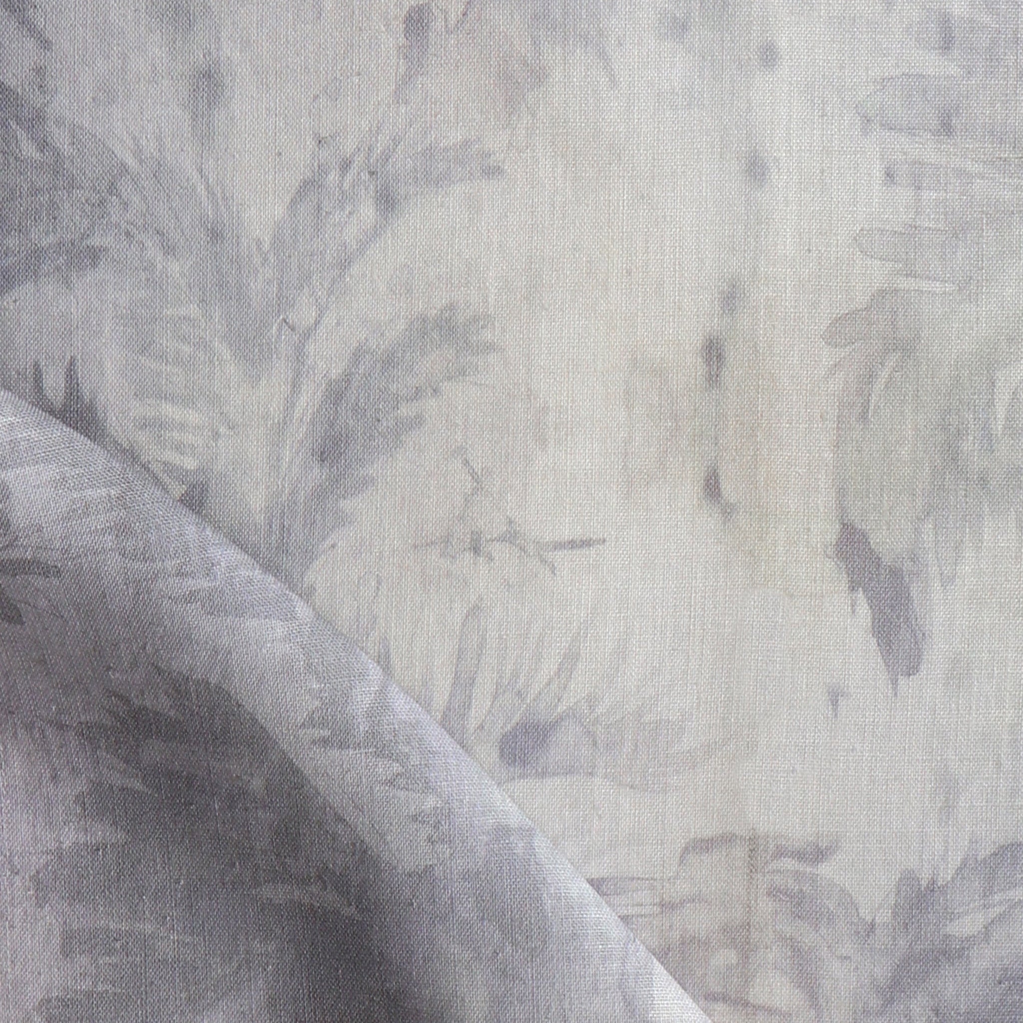 Detail of fabric in a painterly palm leaf print in shades of purple on a greige field.