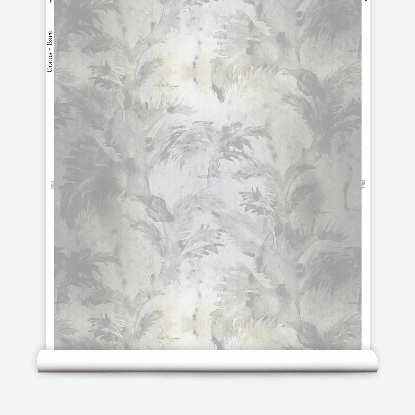 Partially unrolled wallpaper yardage in a painterly palm tree print in shades of gray and cream.