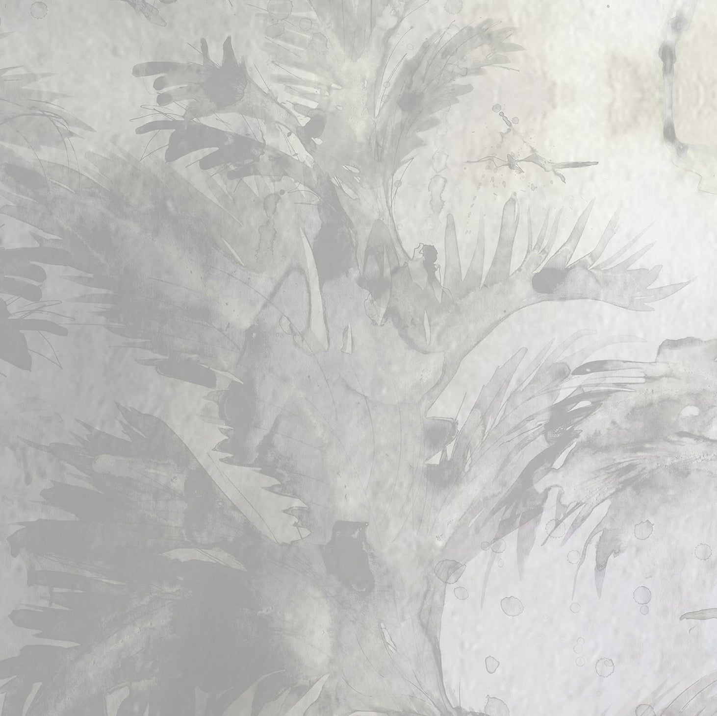 Detail of wallpaper in a painterly palm tree print in shades of gray and cream.