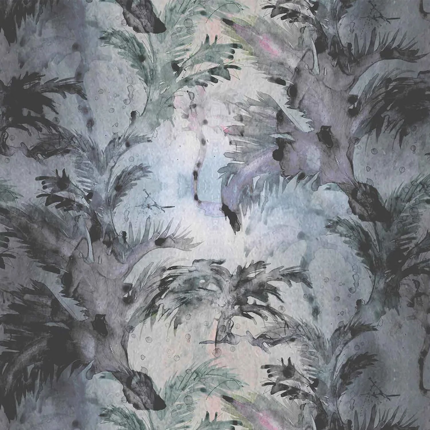 Detail of wallpaper in a painterly palm tree print in shades of gray and blue on a white field.