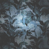 Detail of wallpaper in a painterly palm tree print in shades of gray and blue.