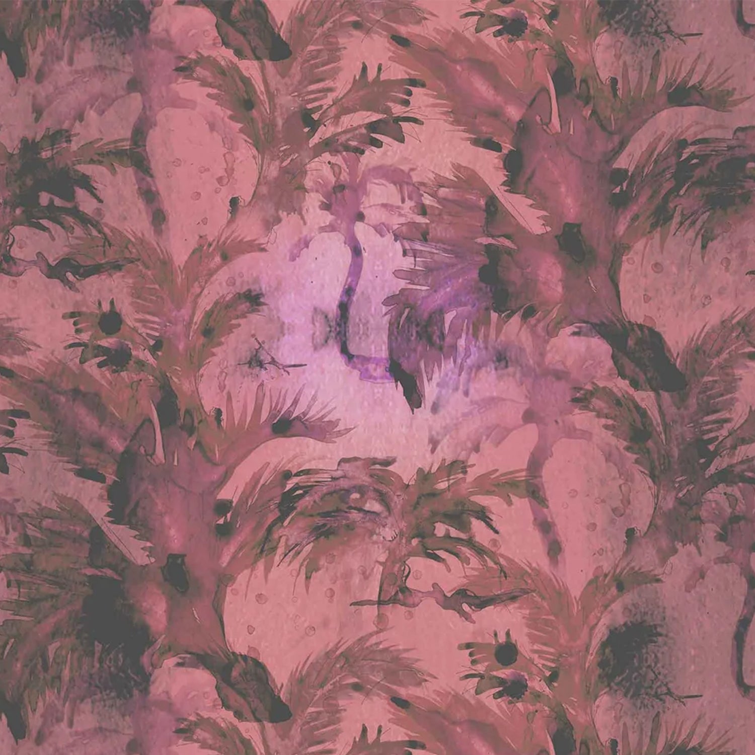 Detail of wallpaper in a painterly palm tree print in shades of red, pink and gray.