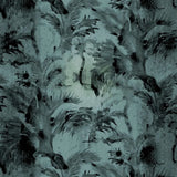 Detail of wallpaper in a painterly palm tree print in shades of gray and turquoise.