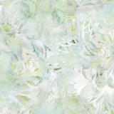 Detail of wallpaper in an abstract painted print in shades of green, yellow and white.
