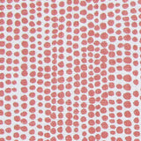 Detail of wallpaper in a painterly dotted print in coral on a white field.
