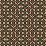 Scaled-out view of fabric in an interlocking curvilinear print in shades of green, pink, red and cream.