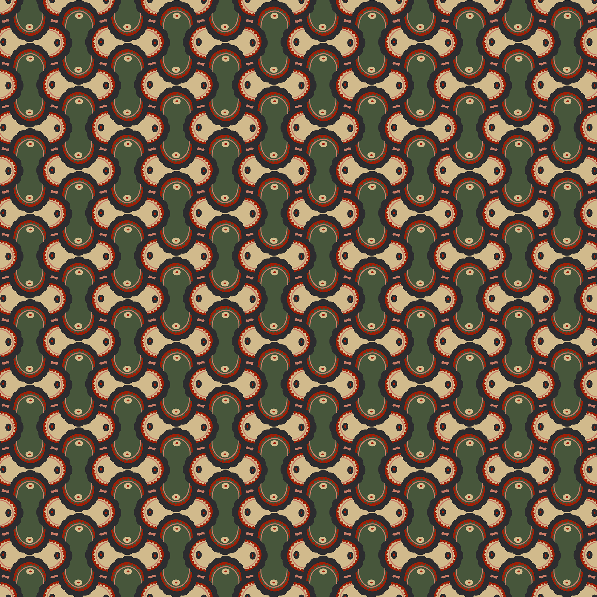 Scaled-out view of fabric in an interlocking curvilinear print in shades of green, pink, red and cream.