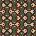 Detail of fabric in an interlocking curvilinear print in shades of green, pink, red and cream.