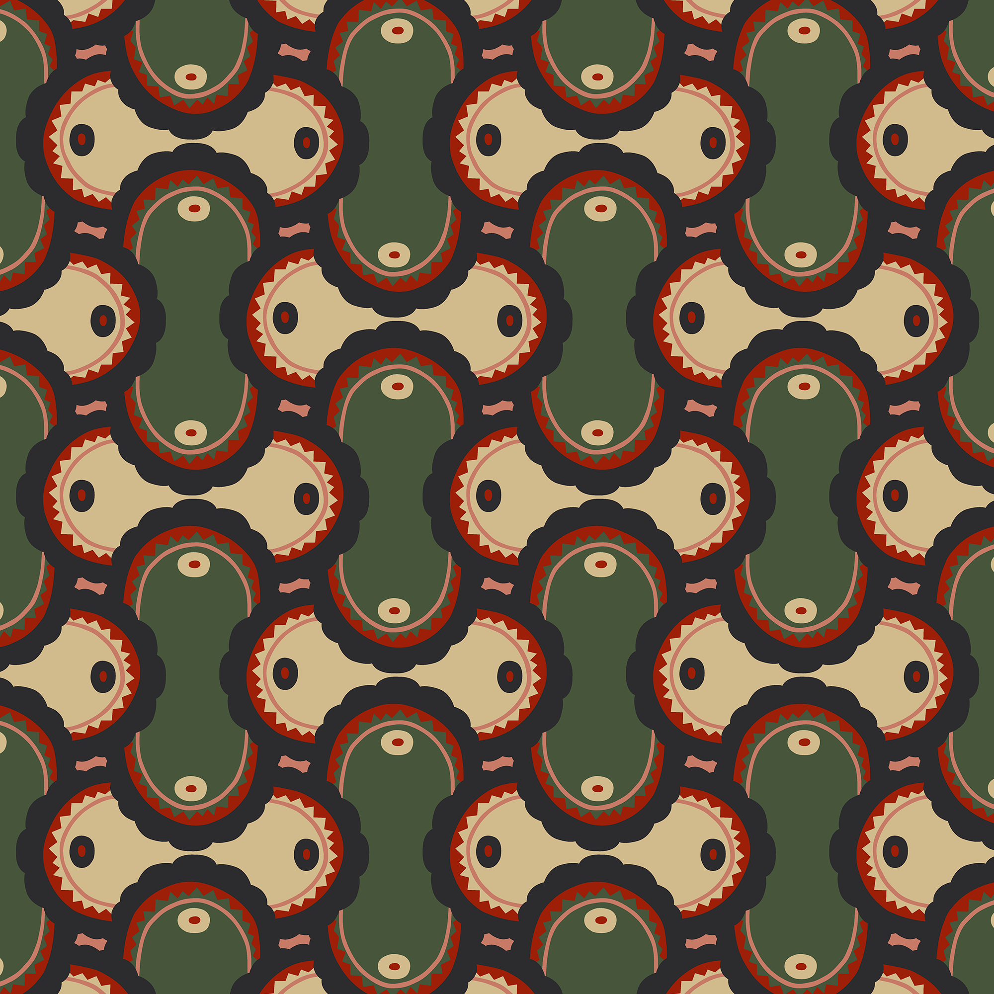 Detail of fabric in an interlocking curvilinear print in shades of green, pink, red and cream.