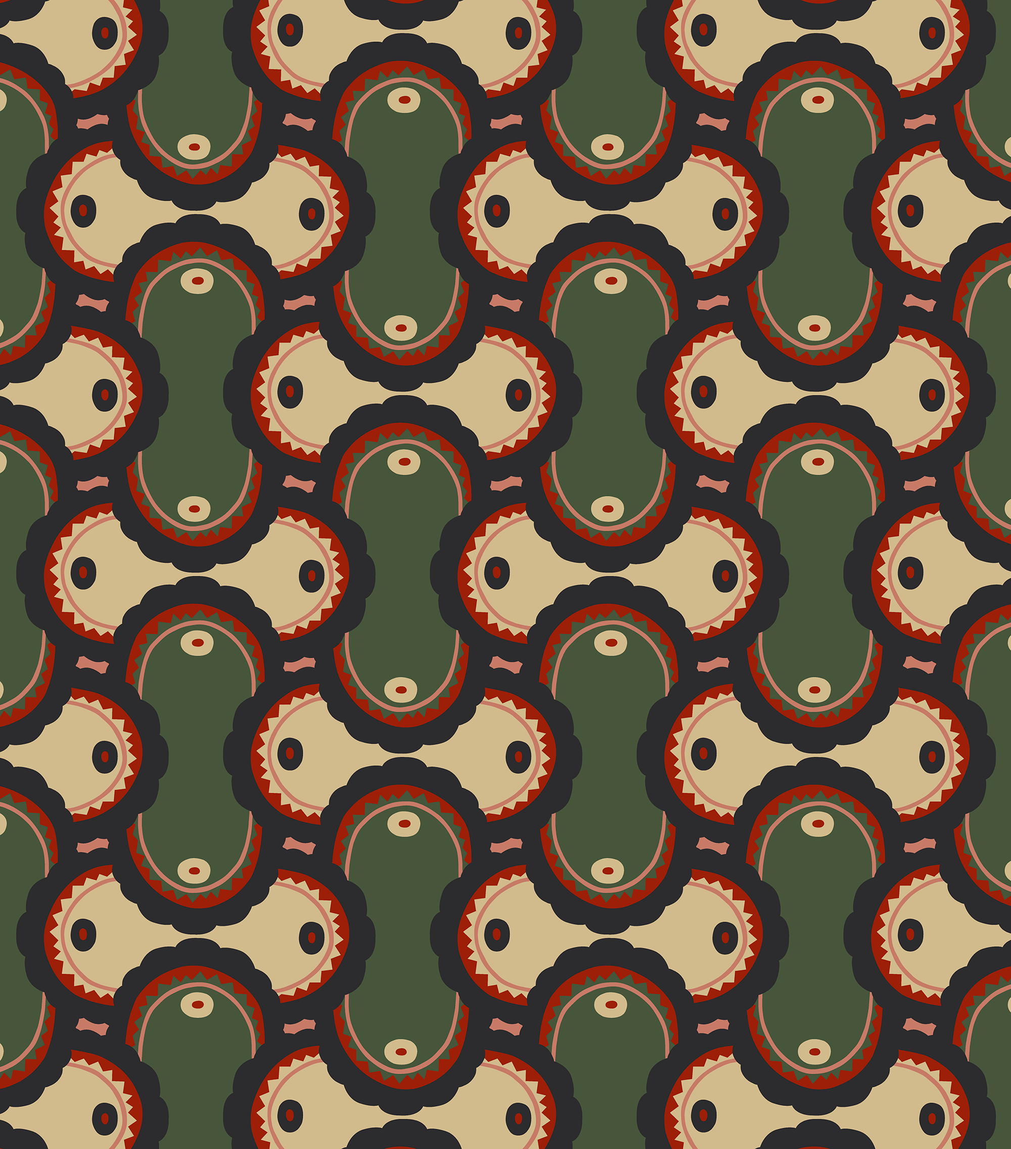 Detail of fabric in an interlocking curvilinear print in shades of green, pink, red and cream.