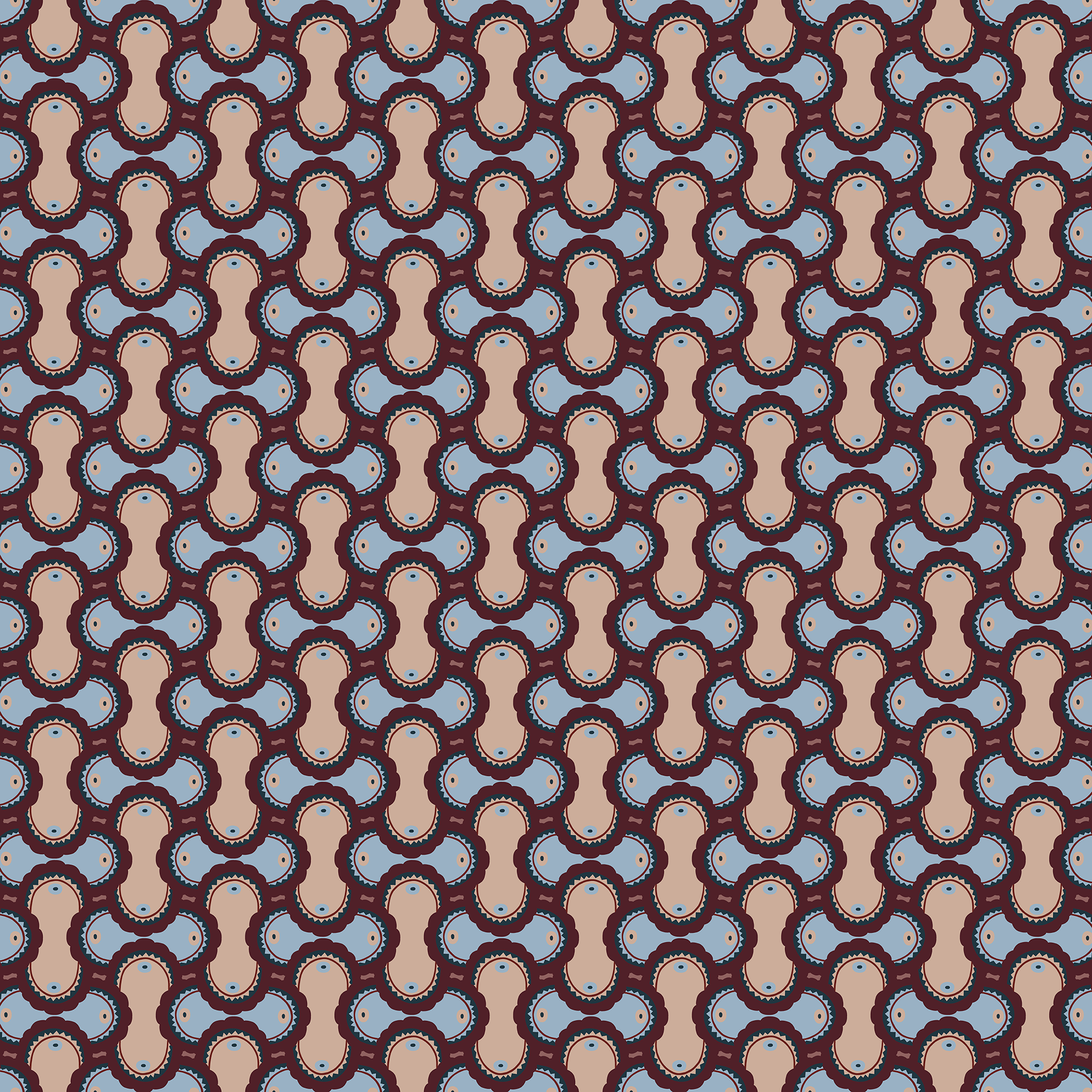 Scaled-out view of fabric in an interlocking curvilinear print in shades of blue, maroon and tan.