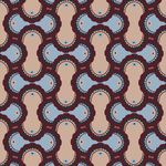 Detail of fabric in an interlocking curvilinear print in shades of blue, maroon and tan.